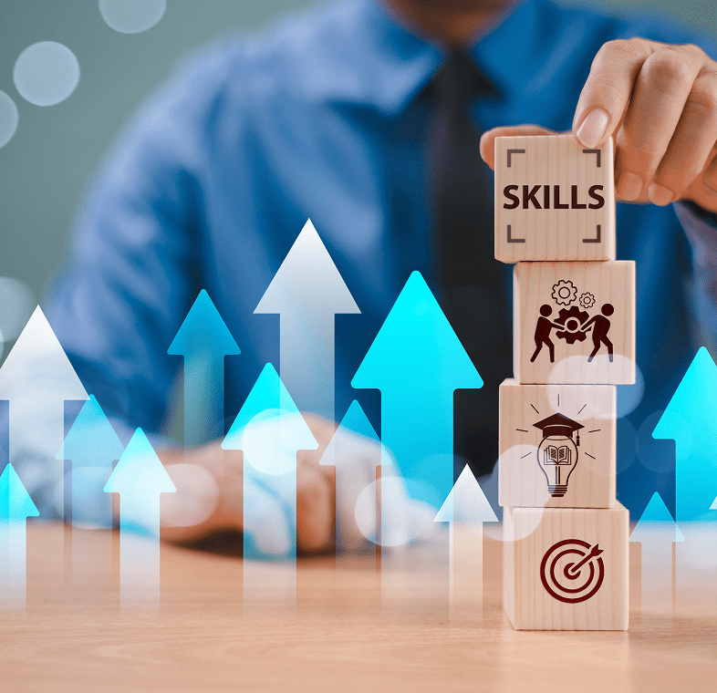 Skills building blocks with upward arrows